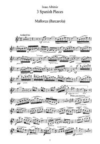 Albeniz - Three pieces (Barcarolla, Zambra Granadina, Puerta de Tierra) for violin - Instrument part - First page